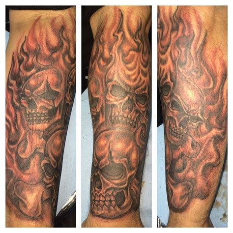 Flaming Skull Tattoo Sleeve Done By Ricky Garza In Victoria Tx Got Ink