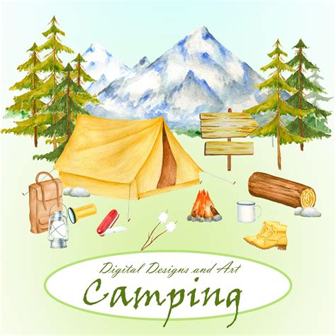 Watercolor Camping Item Clipart Forest And Mountains Clipart Etsy In