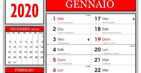 Calendario Calendario Mensile Gennaio 2020