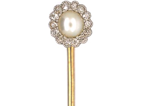 Edwardian 18ct Gold Diamond And Natural Pearl Cluster Tie Pin 231p