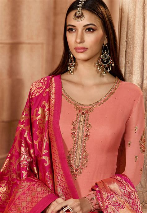 Light Pink Georgette Embroidered Straight Churidar Suit 12082