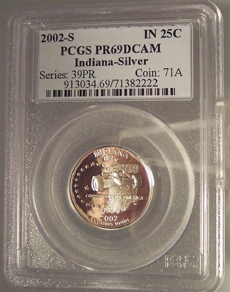 2002 S Silver Proof Indiana State Quarter Pcgs Pr69dcam G073 For