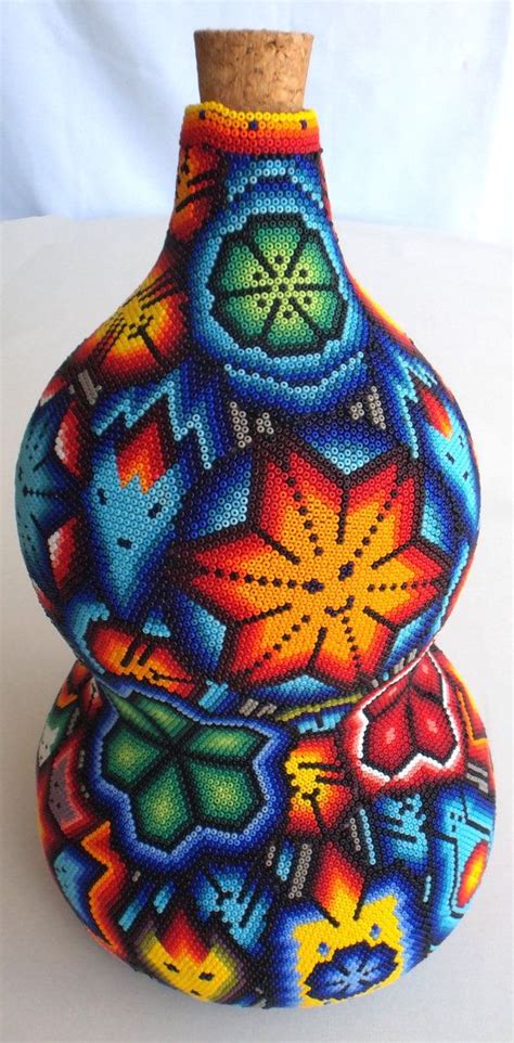 Mexican Huichol Beaded Sacred Gourd Bottle Calabash By Aramara