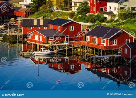 Norwegian Fishing Village Red Huts Reine Lofoten Norway Editorial