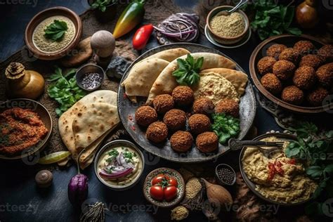 Middle Eastern Or Arabic Dishes And Assorted Meze On A Dark Background