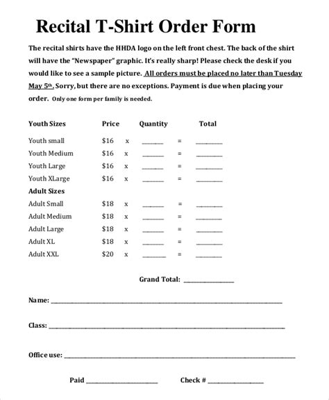 Free 11 Sample T Shirt Order Forms In Pdf Ms Word