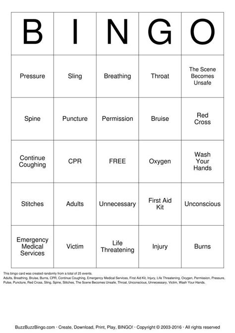 First Aid Bingo Cards Printable | Bingo cards printable, Bingo cards, Bingo
