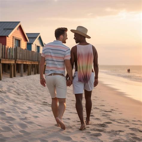 premium ai image two gay guys holding hands walking on the beach gay men