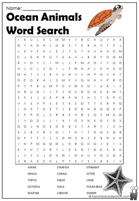 Ocean Animals Word Search Monster Word Search