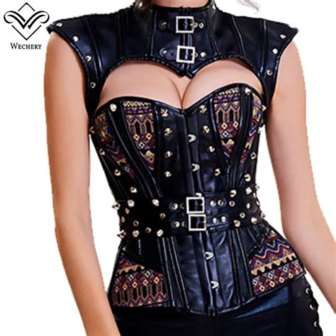 wechery women steampunk corset sexy gothic corselet leather bustiers vintage gorset hollow out