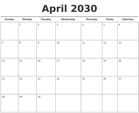 April 2030 Free Calendar Template