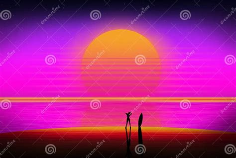 Background With A Sunset On A Neon Sky And A Beach With A Silhouette Of