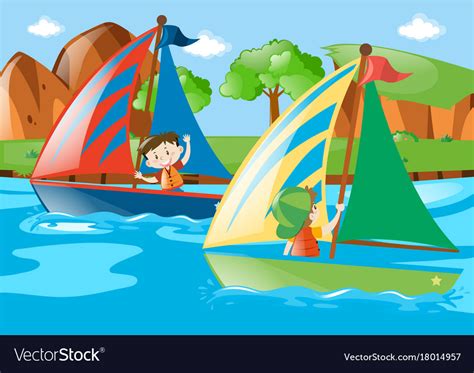 Two Boys Sailing Boat In River Royalty Free Vector Image