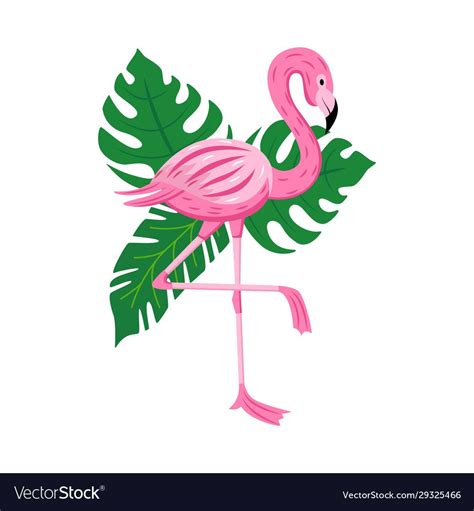 Cute Cartoon Flamingo With Tropical Leaves Vector Image On