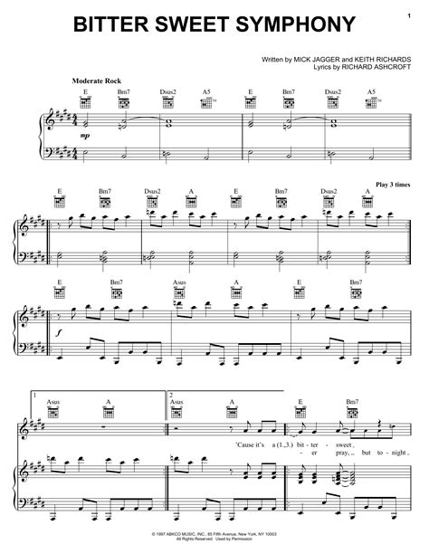 Bitter Sweet Symphony Sheet Music The Verve Piano Vocal And Guitar