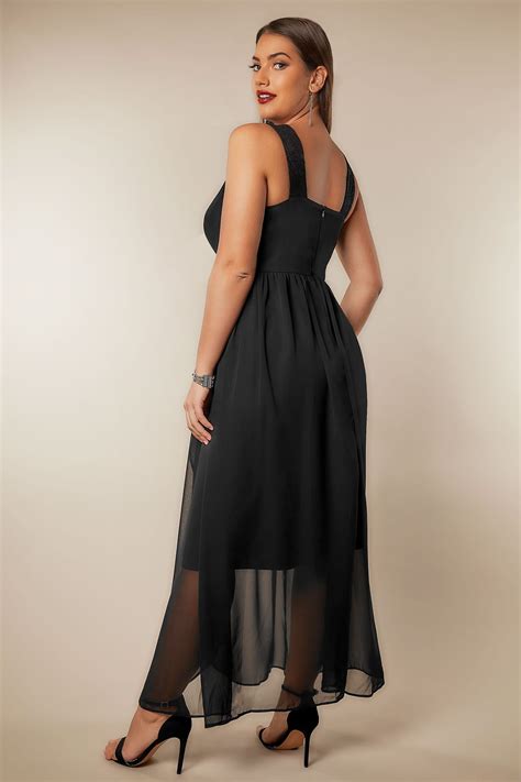 black chiffon maxi dress with wrap front and lace details plus size 16 to 36