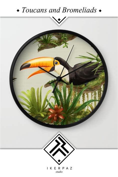 Toucans And Bromeliads On Canvas Background Wall Clock Illustration