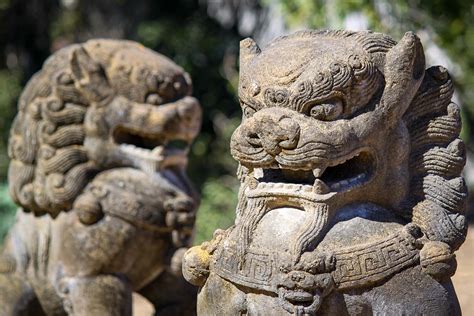 Sold Pair Of Hand Carved Stone Guardian Shishi Lions Or Foo Dogs