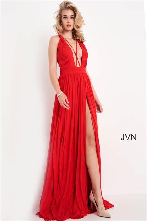 Jvn01022 Red Mesh Open Back Maxi Prom Dress