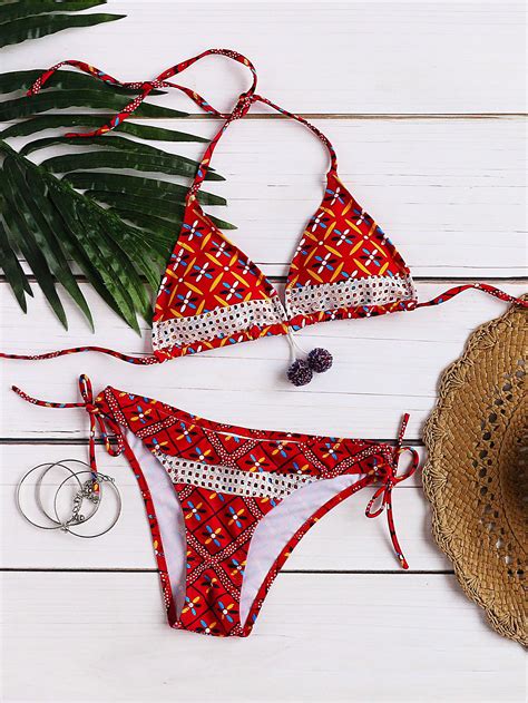 Red Floral Print Tie Side Triangle Bikini Set Sheinsheinside