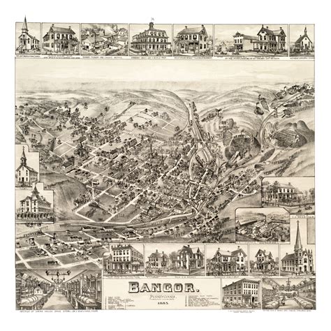 Old map shows bird's eye view of Bangor, Pennsylvania in 1885 - KNOWOL