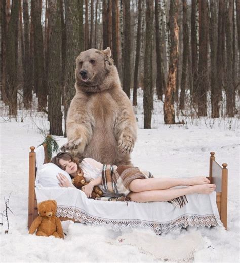 Whos For A Bear Hug Russian Models Strip Off And Pose With A Giant