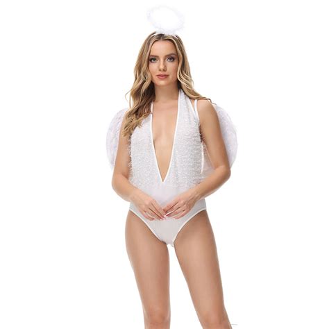 Sexy White Angel With Wings Elastic Bodysuit Adult Greek Goddess