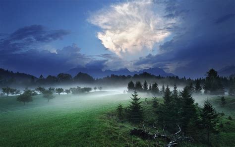 Nature Landscape Night Mist Clouds Forest Hill Grass Wallpapers
