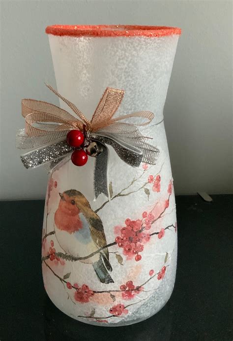 Decoupage Red Robin 10 Frosted Vase Etsy