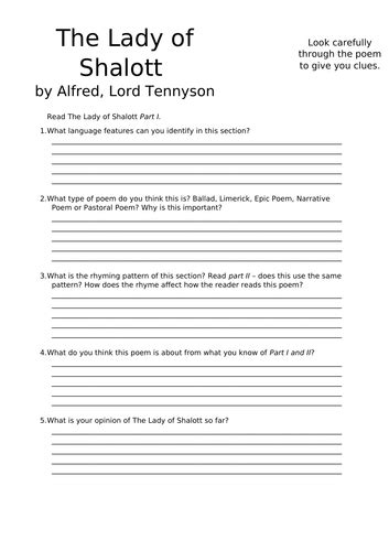 The Lady Of Shalott Comprehension Worksheet Set Teaching Resources