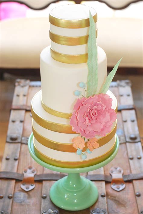 Metallic Gold Stripe Wedding Cake With Pastel Gumpaste