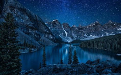Canada Night Moraine Lake Starry Sky Mountains Valley Of The Ten