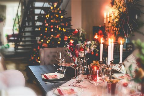 Christmas Dinner Table At Festive Cozy Room Background With Christmas