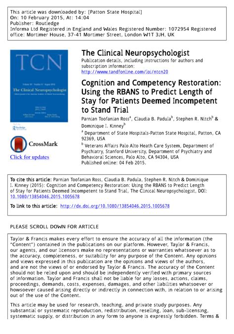 PDF Cognition And Competency Restoration Using The RBANS To Predict Length Of Stay For
