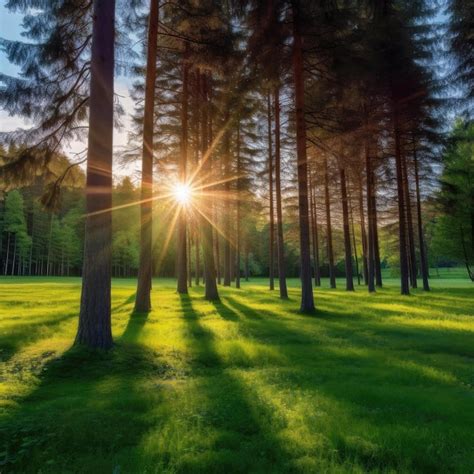 Premium AI Image Sunset In The Pine Forest With Rays Of Light Shining