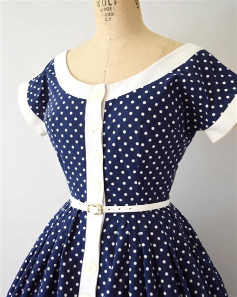 1950s Navy Blue Polka Dot Cotton Dress With Wide Neck Capped Sleeves