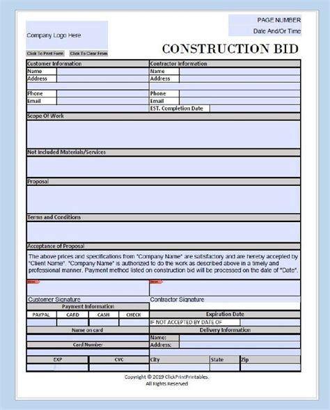 Construction Bid Project Form Template Simple Minimal Editable Etsy