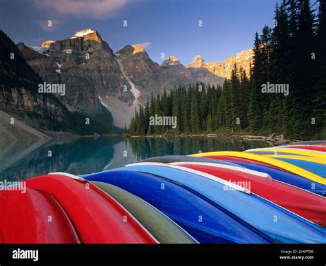 Canoes At Moraine Lake Banff National Park Alberta Canada Stock