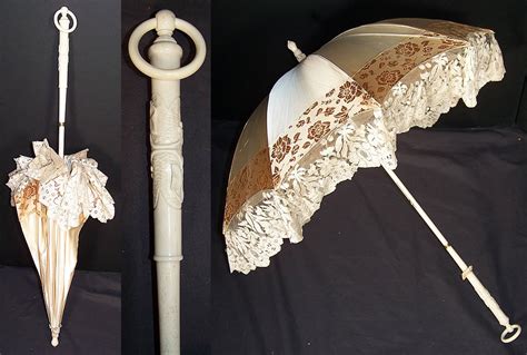 Antique Victorian Cream Silk Brocade Lace Parasol Umbrella Carved Bone