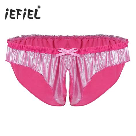 Men Soft Shiny Ruffle Bowknot Sissy Panties Low Rise Stretchy Open Crotch Underwear Sexy Gay
