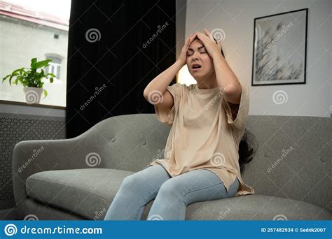 Sad Tired Young Woman Touching Forehead Having Headache Migraine Or Depression Upset Frustrated