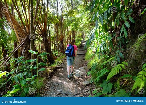 Tourist Hiking on Kilauea Iki Trail in Volcanoes National Park in Big