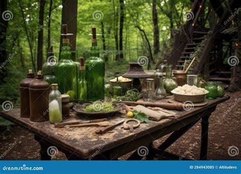 Absinthe Making Ingredients Laid Out On Picnic Table Stock Image
