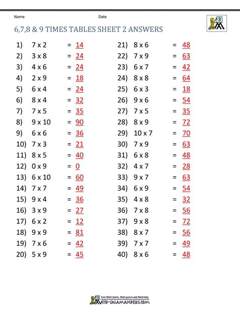 Multiplication 6 7 8 9 Worksheets Pdf