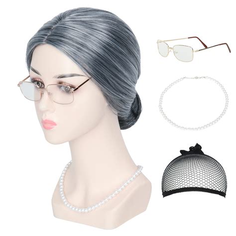 buy miss u hair old lady costume set grey grandma wig for girls granny glasses pearl necklace