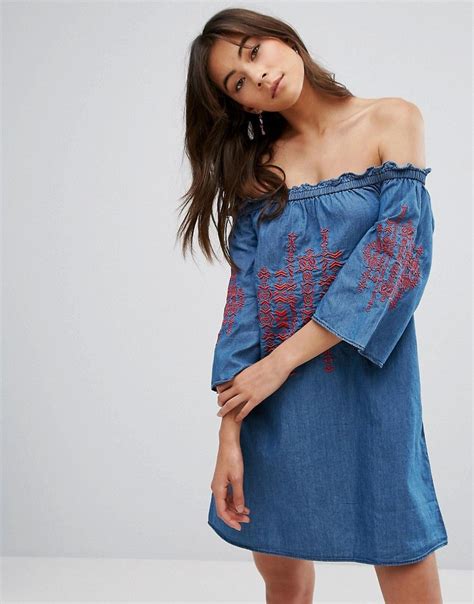 Buy It Now Parisian Off Shoulder Embroidered Denim Dress Blue Dress