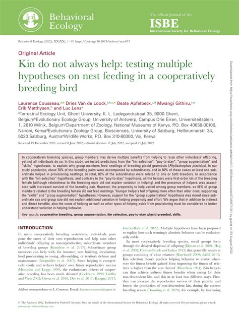 Pdf Kin Do Not Always Help Testing Multiple Hypotheses On Nest Feeding In A Cooperatively
