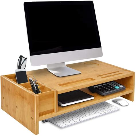 8h x 22w x 15 1/4d four compartments rear access space to cleanly manage cables and allow for positioning flush against the wall two large drawers with frosted glass windows for supplies. WAYTRIM 2-Tier Bamboo Monitor Stand, Wood Computer Monitor ...