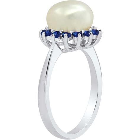 Sterling Silver 9mm Cultured Freshwater Pearl And Created Sapphire