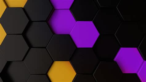 Download Wallpaper 2560x1440 Purple Yellow Dark Polygons Hexagons